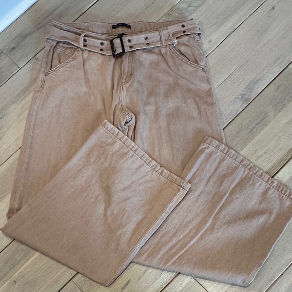 Sincerely Jules Pinkish Tan Wide Leg Denim Pants with belt